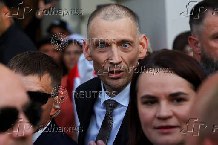 Siarhei Tsikhanouski attends a rally organised by Belarusian diaspora in Warsaw