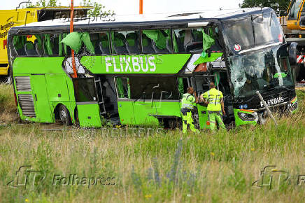 A view of the scene of a crashed FlixBus bus that was en route from Copenhagen to Berlin