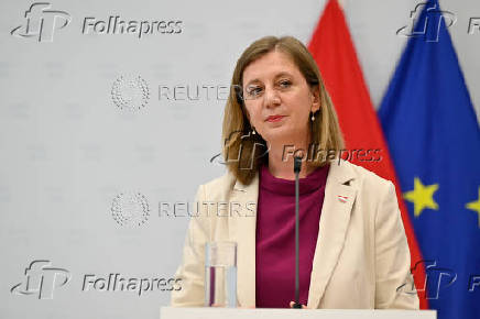 State Secretary at the Federal Ministry of Finance Barbara Eibinger-Miedl looks on during a press conference in Vienna