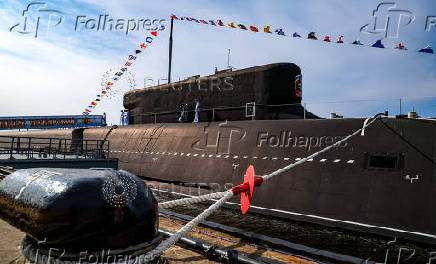 A view shows the Knyaz Pozharsky nuclear-powered ballistic missile submarine before a ceremony of raising a naval flag aboard in Severodvinsk