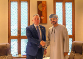 U.S Special Envoy to the Middle East Steve Witkoff shakes hands with Omani Foreign Minister Sayyid Badr Albusaidi in Muscat