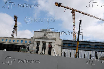 Construction work continues at the U.S. Federal Reserve building as U.S. President Trump assails Fed Chair Powell