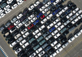 Drone view of new cars parked in the port of Zeebrugge