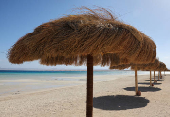 Umbrellas at Ras Hankorab beach at southern Egypt's Red Sea coast in Marsa Alam