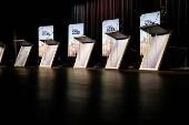 The stage before the New York City Democratic Mayoral Primary Debate, in New York City