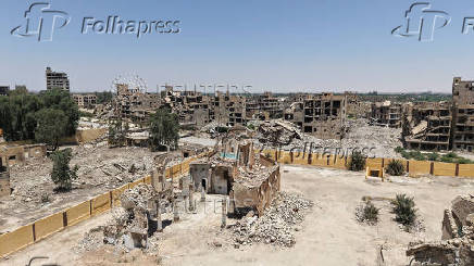 A drone view shows the damaged Christ the King Church in Deir el-Zor, Syria
