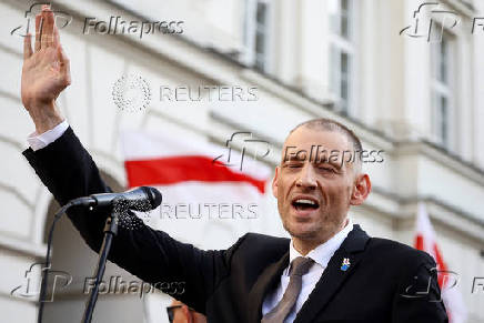 Siarhei Tsikhanouski attends a rally organised by Belarusian diaspora in Warsaw