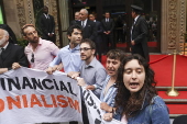 People protest outside fundraiser for the Manhattan Institute at Cipriani 42nd Street