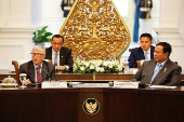Bill Gates speaks during a meeting with Indonesian President Prabowo Subianto and Indonesian authorities at the Merdeka Palace in Jakarta