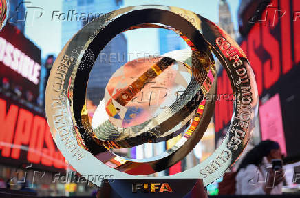 The FIFA Club World Cup 2025 winners trophy is displayed in Times Square in New York City