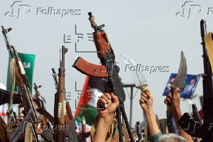 Houthi supporters protest against the USA, Israel