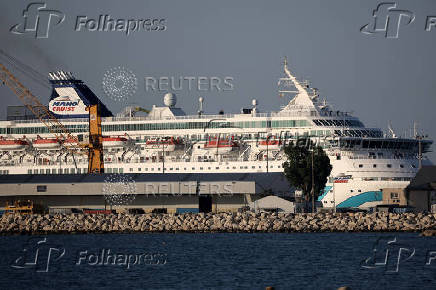 A view of the Crown Iris, a vessel which will be used to assist in the departure of Israelis from Cyprus,  is seen at the port of Larnaca,