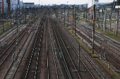 View of empty railway tracks at the Pont Cardinet train station in Paris