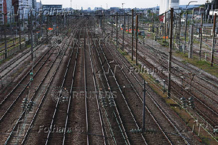 View of empty railway tracks at the Pont Cardinet train station in Paris