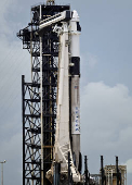 A Falcon 9 irocket stands at Launch Complex 39-A after the Axiom-4 crewed mission to the International Space Station was delayed by technical issues