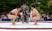 Babies take part in 'Nakizumo' or baby crying sumo contest at Senso-ji temple in Tokyo