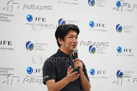 Innovative Space Carrier CEO Hatada speaks during a press conference, in Yokohama