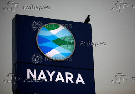 FILE PHOTO: Logo of Nayara is seen at its fuel station on the outskirts of Ahmedabad