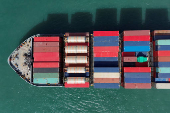 A drone view shows a cargo ship at Kwai Tsing Container Terminals in Hong Kong