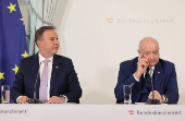 Austrian Chancellor Stocker and Vice-Chancellor Babler address a press conference in Vienna