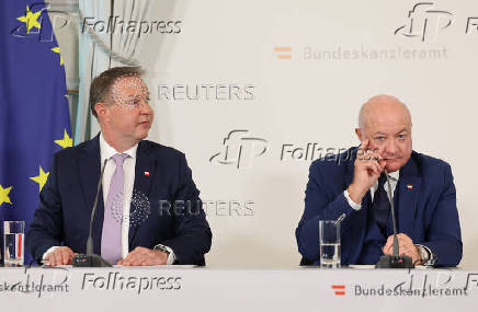 Austrian Chancellor Stocker and Vice-Chancellor Babler address a press conference in Vienna