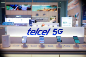 The logo of mobile phone company Telcel is pictured at a Telcel store in Mexico City