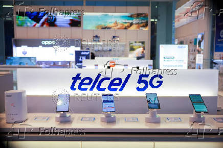 The logo of mobile phone company Telcel is pictured at a Telcel store in Mexico City