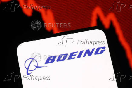 Illustration shows Boeing logo and decreasing stock graph