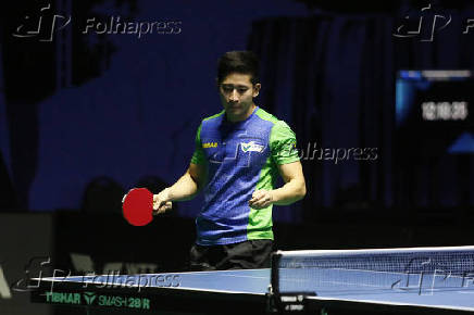 Luca Kumahara durante partida contra o tênista Allan Sarmento válida pelo Circuito Internacional de tênis de mesa WTT Star Contender em Foz do  Iguaçu (PR)
