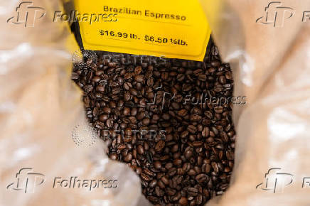 Brazilian coffee beans are displayed for sale at Porto Rico Importing Co. coffee seller, in New York City