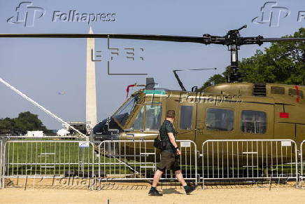 Helicopters and other heavy equipment staged for DC military parade