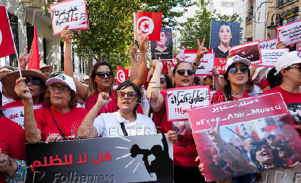 Supporters of the Free Constitutional Party gather on National Women's Day demanding the release of the party's detained leader, Abir Moussi, in Tunis