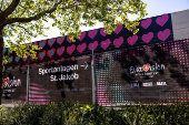 FILE PHOTO: Logos of the Eurovision Song Contest are seen in front of the St. Jakobshalle in Basel