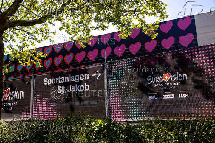 FILE PHOTO: Logos of the Eurovision Song Contest are seen in front of the St. Jakobshalle in Basel