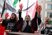 Pro-Palestinian protesters gather outside the foreign ministry, in Berlin