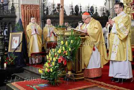 Cardinal Stanislaw Dziwisz celebrates a Mass in memory of the late Pope Francis, after his death was announced by the Vatican, at the Wawel Cathedral, in Krakow