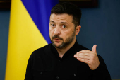 Ukraine's President Zelenskiy speaks during a press briefing, in Kyiv