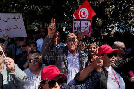 Supporters of Free Constitutional Party, whose leader Abir Moussi has been detained since October 2023, gather during a protest against Tunisian president Kais Saied in Tunis