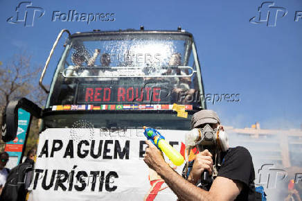 Network of cities affected by tourism in southern Europe stage protest against mass tourism at La Sagrada Familia Basilica in Barcelona