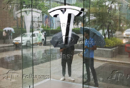 A view shows the TESLA logo at India's first Tesla showroom in Mumbai