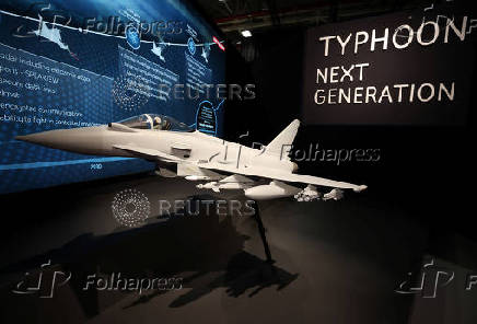 A model of BAE Systems Typhoon military jet is seen on display in a room at their Warton factory in Warton