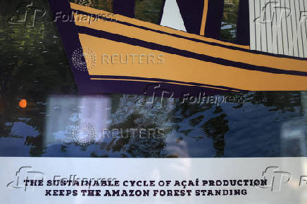 A sign for Acai is seen inside an Oakberry Acai bowl location in New York City