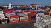 A drone view of shipping containers at Dublin Port, in Dublin