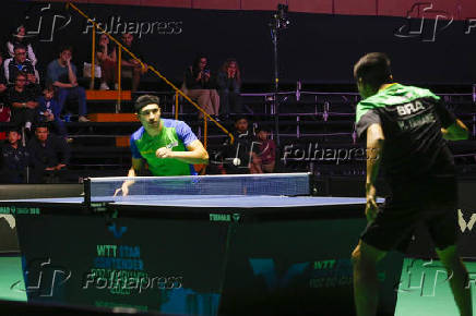 Hamilton Yanane durante partida contra o tênista Rafael Turrini válida pelo Circuito Internacional de tênis de mesa WTT Star Contende em Foz do  Iguaçu (PR)