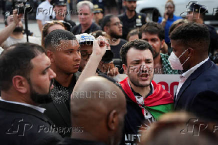 Welcome rally for Columbia University graduate student Mahmoud Khalil, in New York City