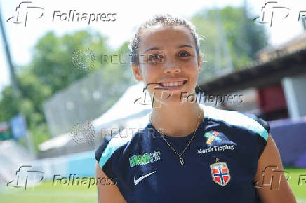 Norway forward Celin Bizet Donnum poses for a photograph at the teams Women's Euros training ground in Neuchatel
