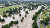 A drone view shows the swollen San Gabriel river, in Georgetown