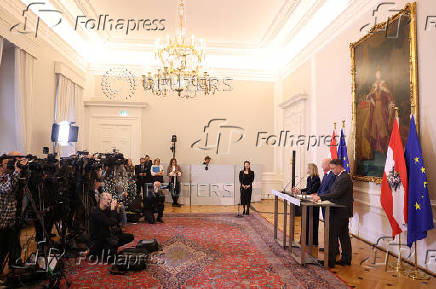 Austrian Chancellor Christian Stocker, Vice-Chancellor Andreas Babler and Foreign Minister Beate Meinl-Reisinger attend a press conference in Vienna