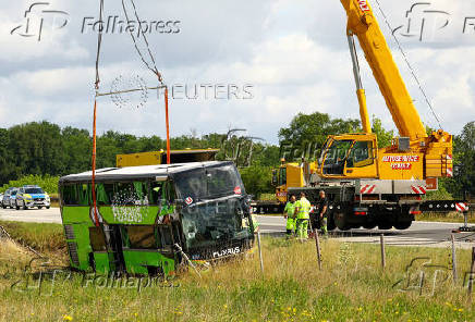 A view of the scene of a crashed FlixBus bus that was en route from Copenhagen to Berlin