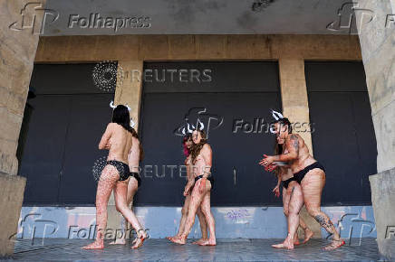 Protesters demonstrate for the permanent end of bullfighting and running of the bulls, a day before the start of the the San Fermin festival, in Pamplona